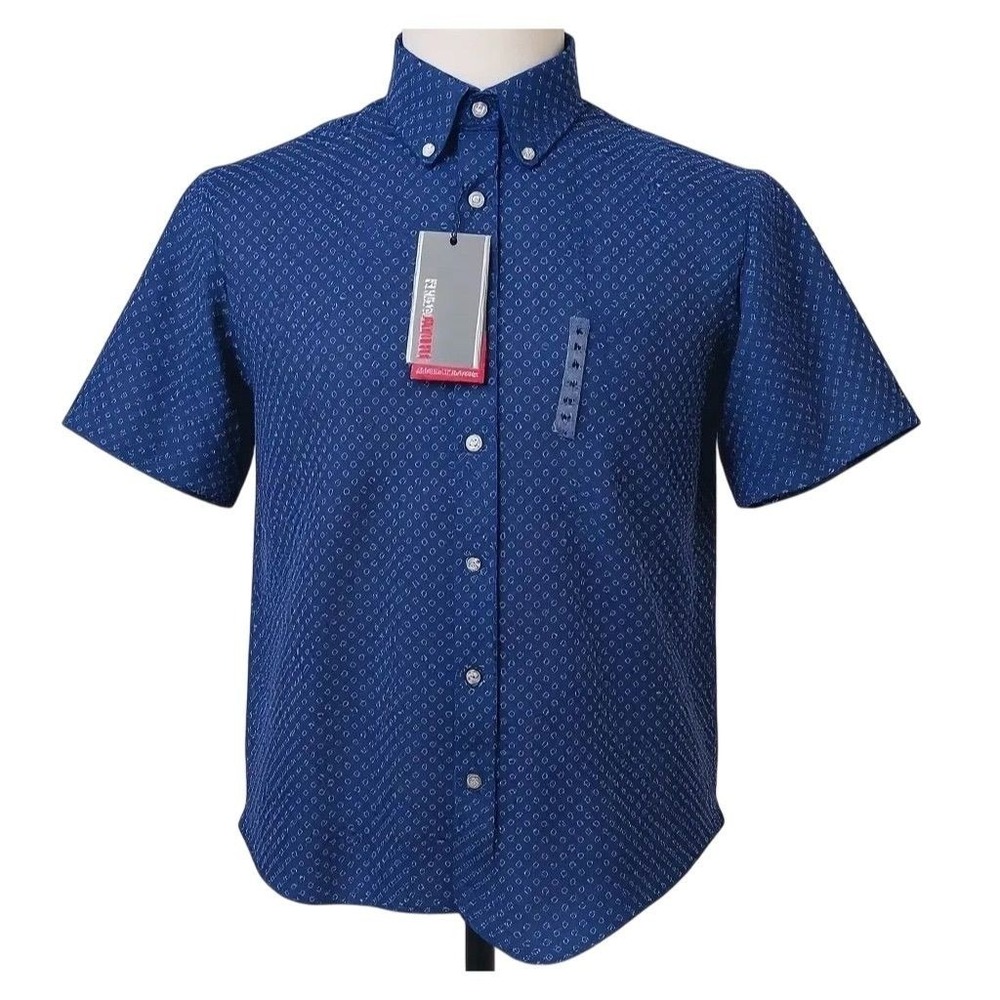 NEW Travel Smart Men's MEDIUM Short Sleeve Geometric Button-Up Shirt Blue
